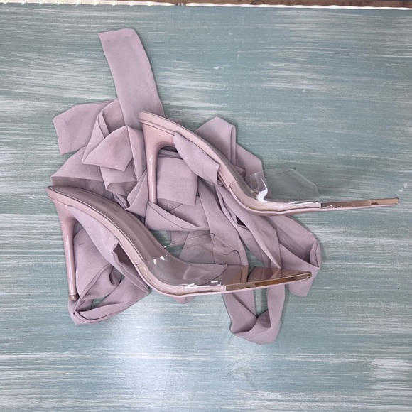 Public Desire Clear Nude Lace Up Pointed Gold Toe Stiletto Size 7 💗 - Picture 5 of 6